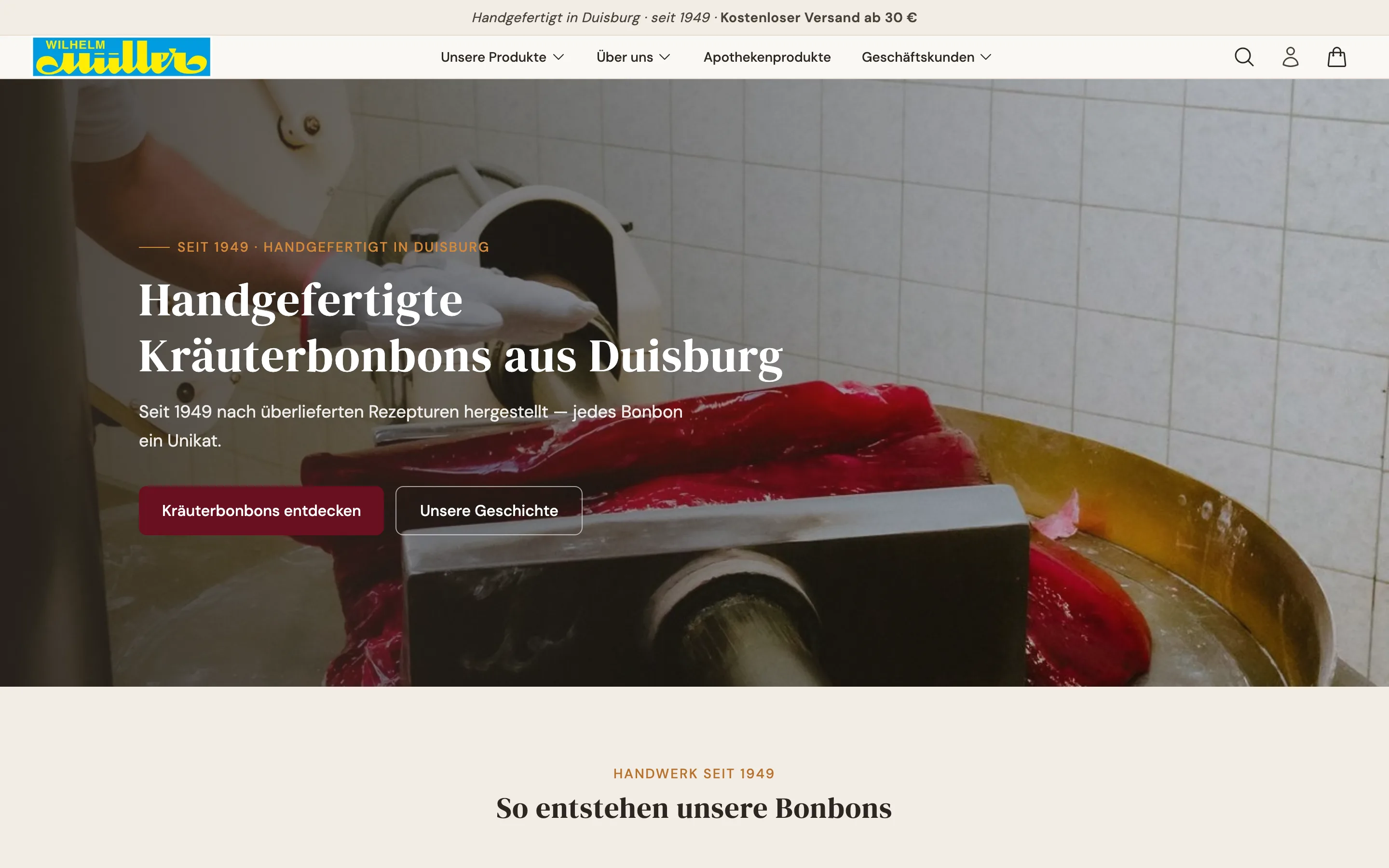 Bonbon Müller: Kopfbereich des Onlineshops mit Logo und Kräuterbonbon-Herstellung