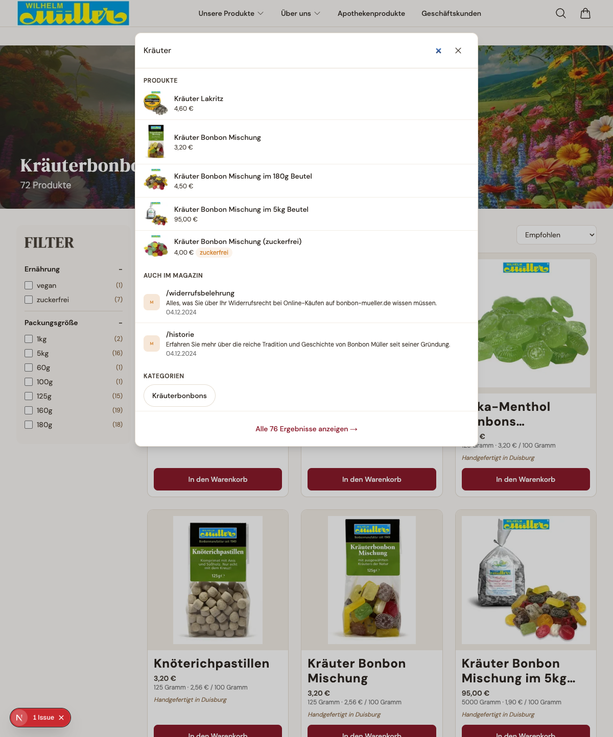 Sofort-Suche mit Produkten, Magazin-Artikeln und Kategorien — powered by Meilisearch