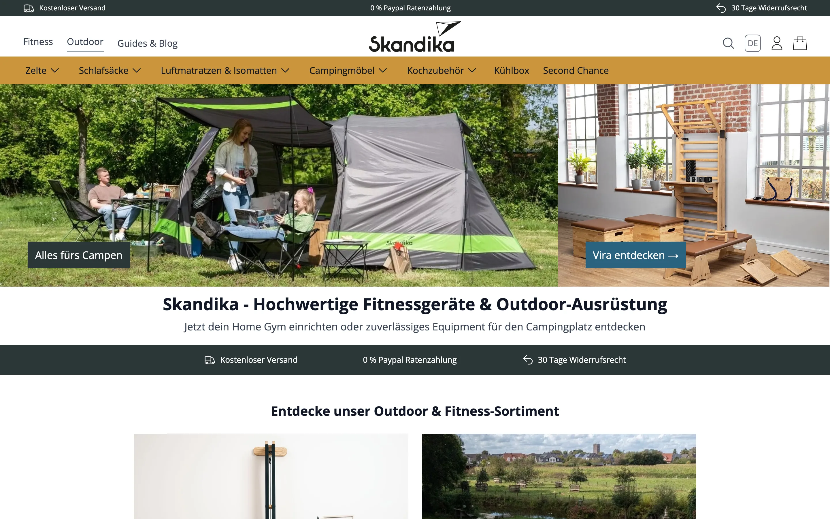 Skandika: Kopfbereich des Onlineshops mit Logo, Navigation und Campingmotiv